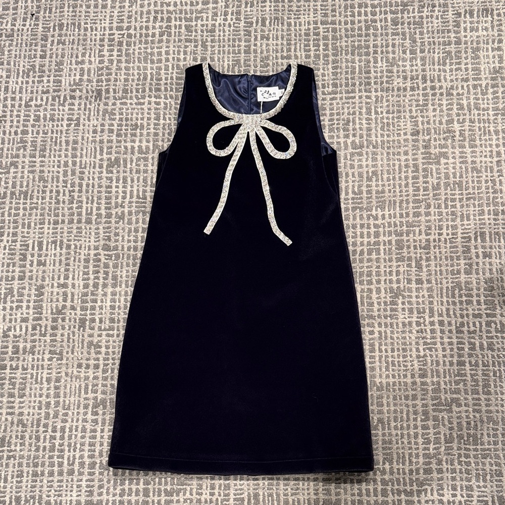 NWT Lola + The Boys Elegant Navy Velvet  Dress with Silver Bow size 12